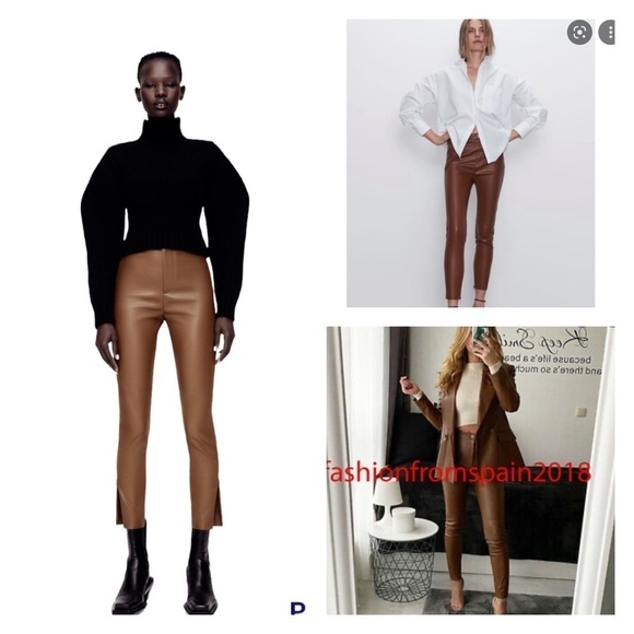 NWT ZARA Camel High Rise Faux Leather Ankle Zip Leggings XS - Picture 1 of 10